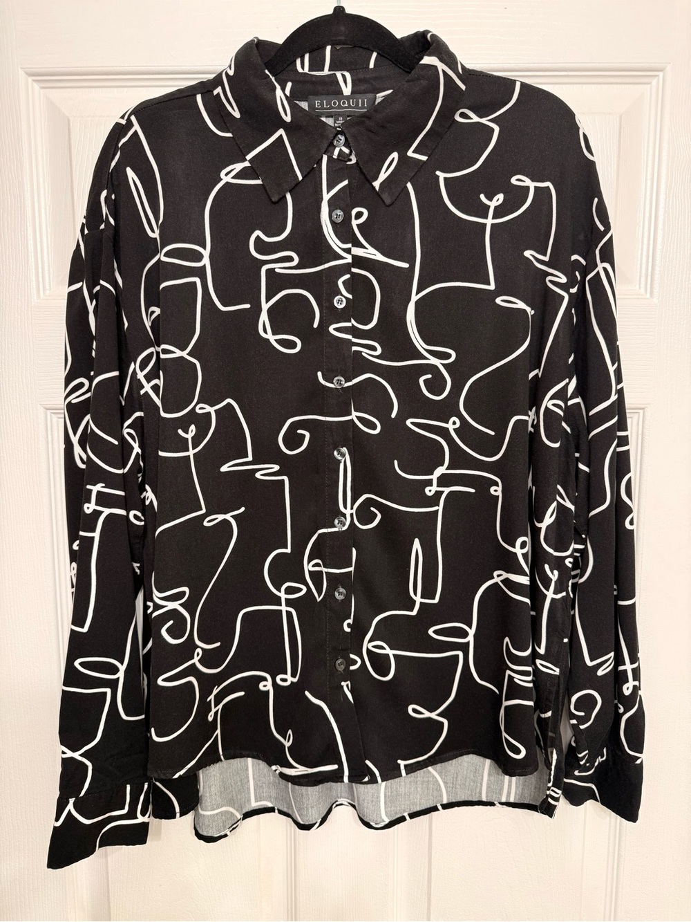 ELOQUII Size 18 Black White Abstract Face Print Button Down Blouse